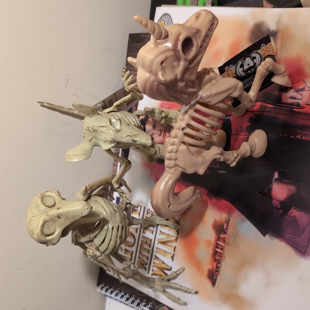 3 Halloween Skeleton Critters 3d Decor Poseable Rat Raven & Unicorn Figures Set